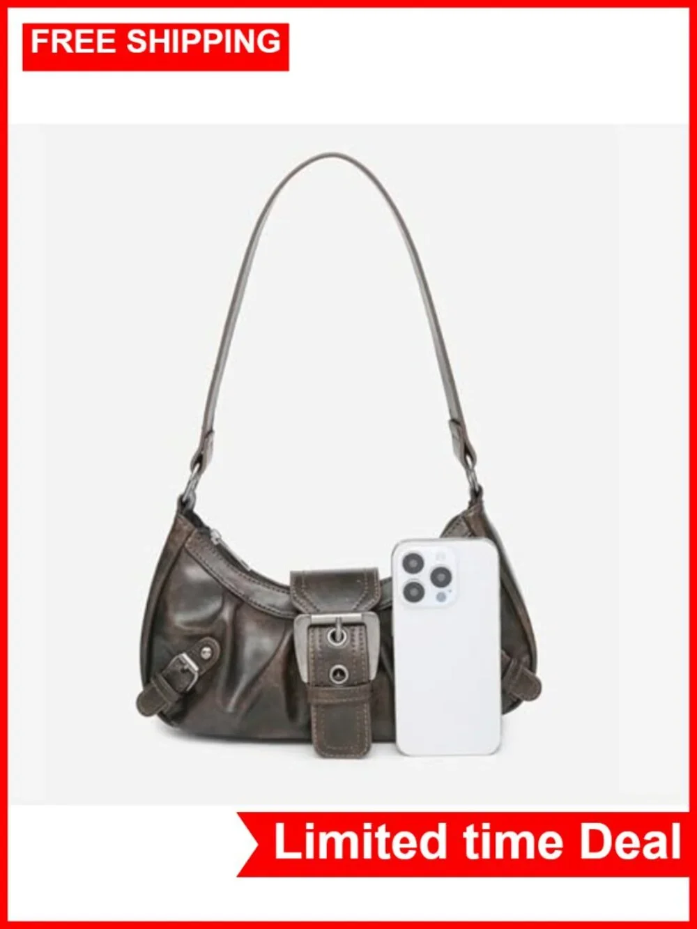 Y2K Faux Leather Hobo Bag, Punk Shoulder Purse with Metal Buckle